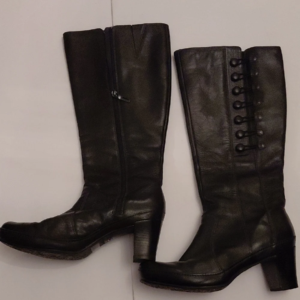 Clarks Womens Black Leather Knee-High Block Heeled Boots Sz 8.5W - Picture 2 of 11